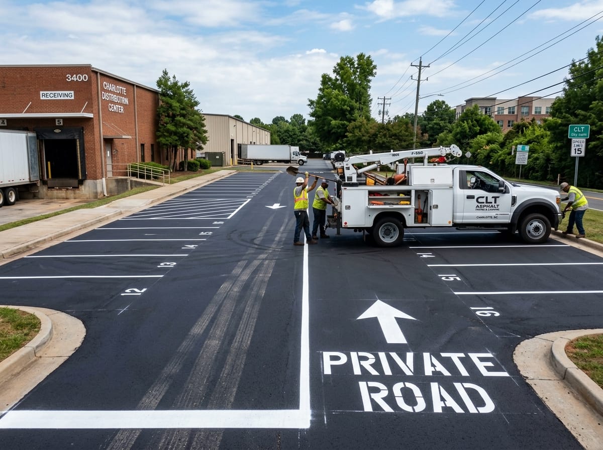 Professional photograph freshly striped charlotte nc by RoadReady Asphalt Charlotte
